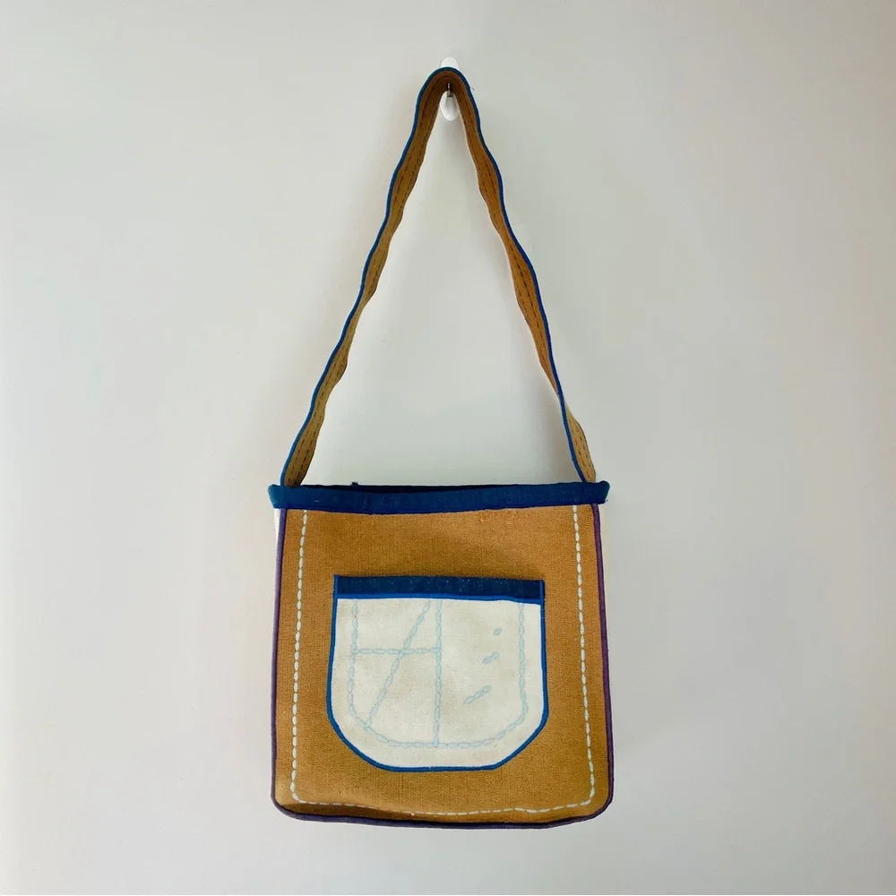 Elegant Tan and Blue Women's Felt Tote Bag Embroidered